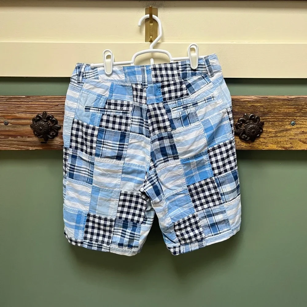 LL Bean Favorite Fit Patchwork Madras Shorts Blue White Plaid Gingham Womens 4